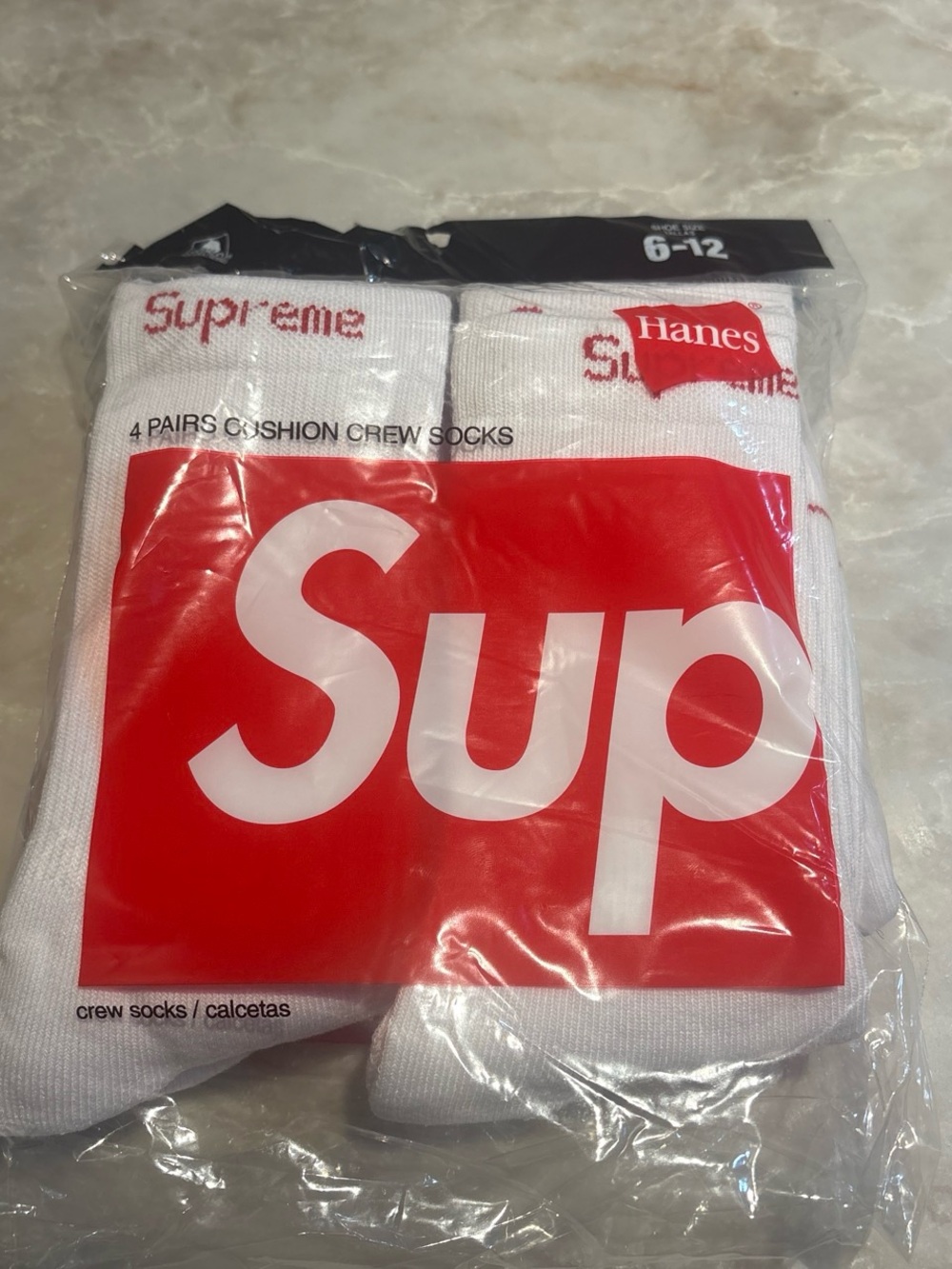 Hanes x Supreme White Crew Socks with Red Logo - 4 Pack